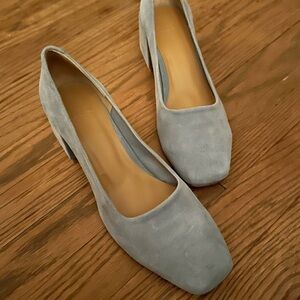 LoQ brand blue suade pump with squared heel. (LoQ.us is website)